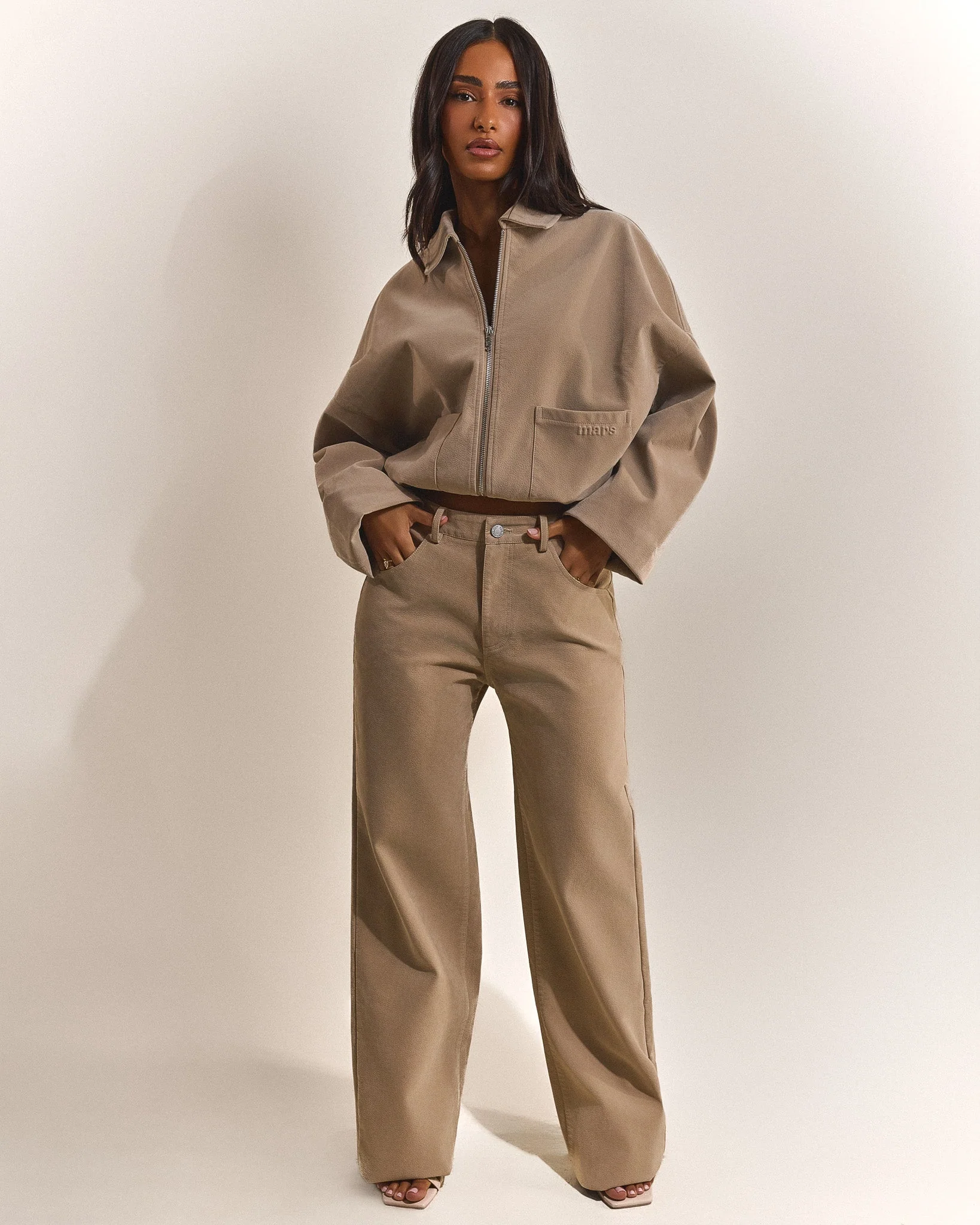 The Isla Faux Suede Straight Leg Trousers in Beige - Image 5