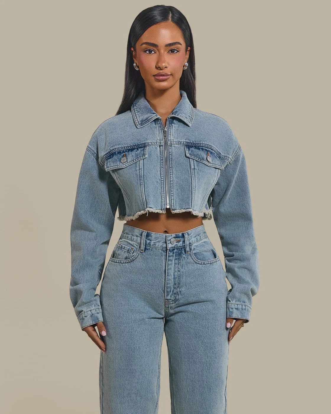 The Kali Cropped Denim Jacket in Light Wash Blue