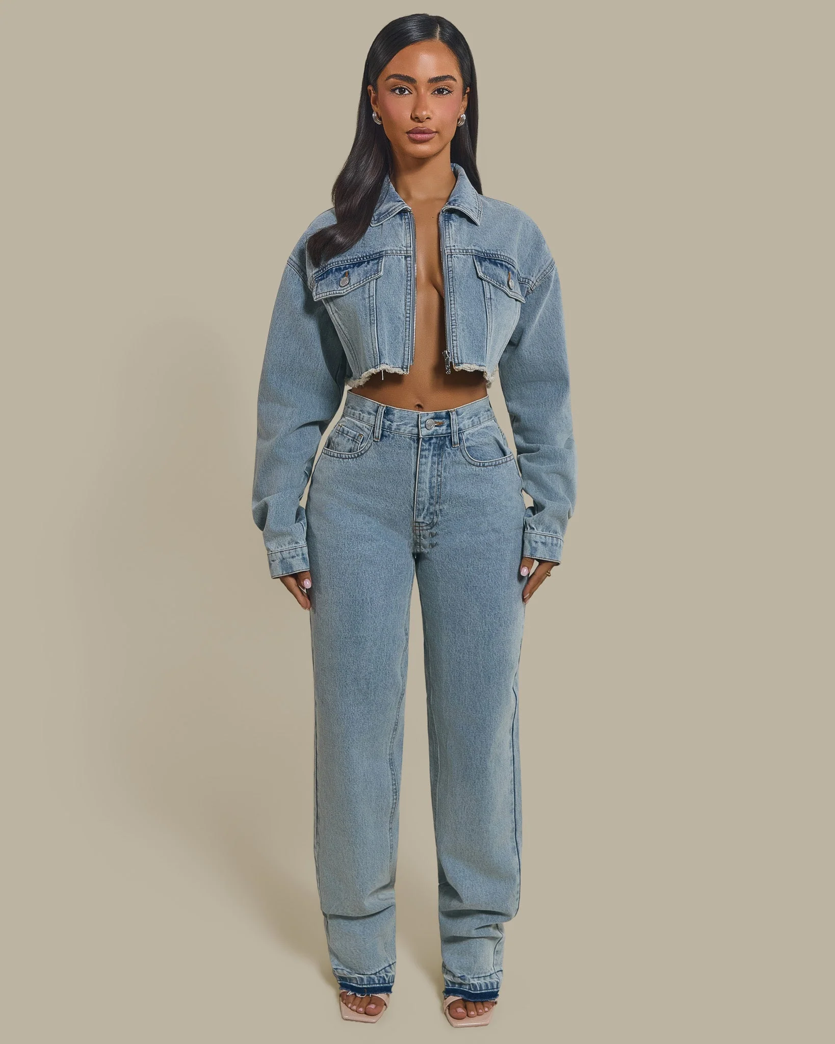 The Kali Cropped Denim Jacket in Light Wash Blue - Image 2