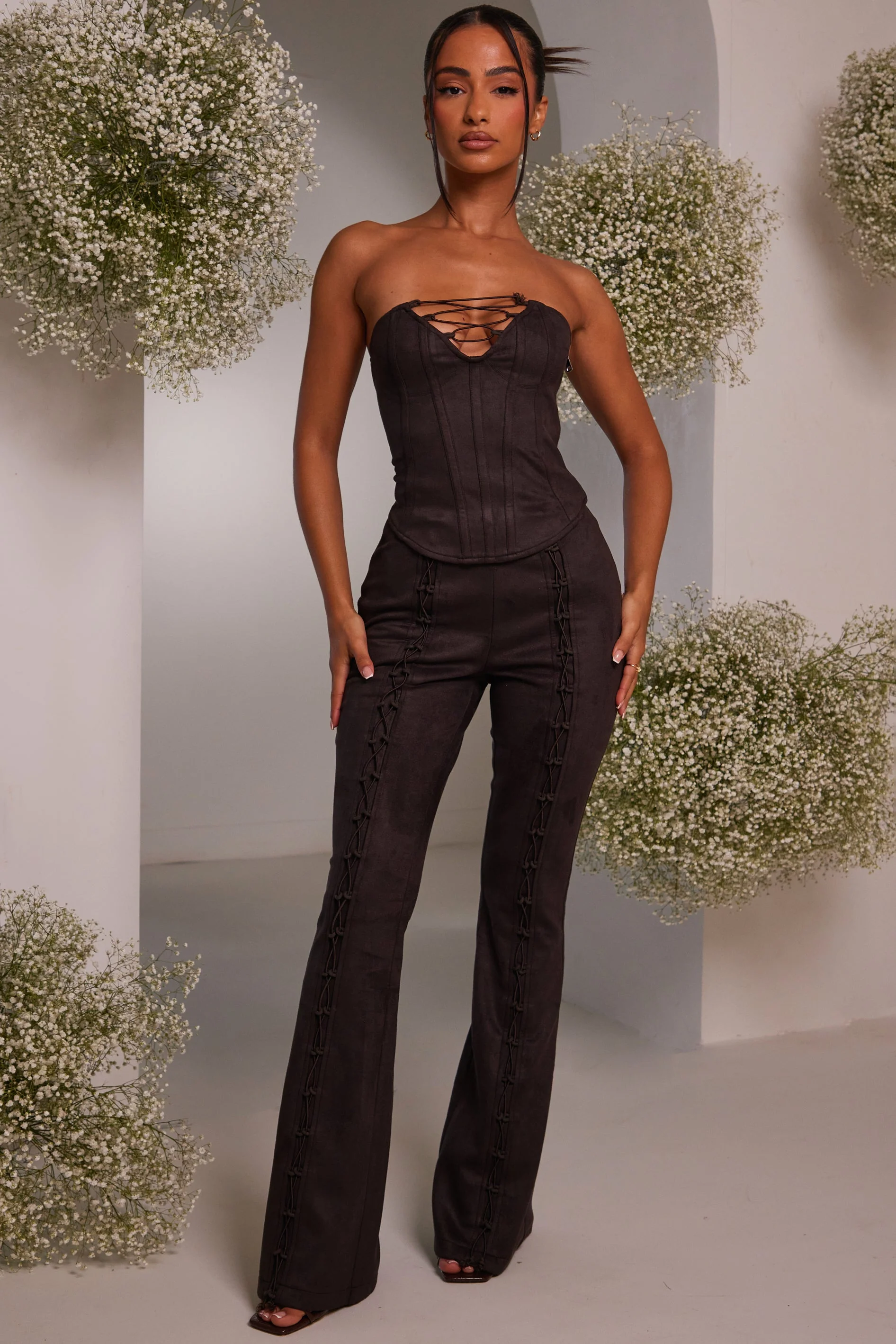 The Lace Detail Panel Suede Corset in Brown