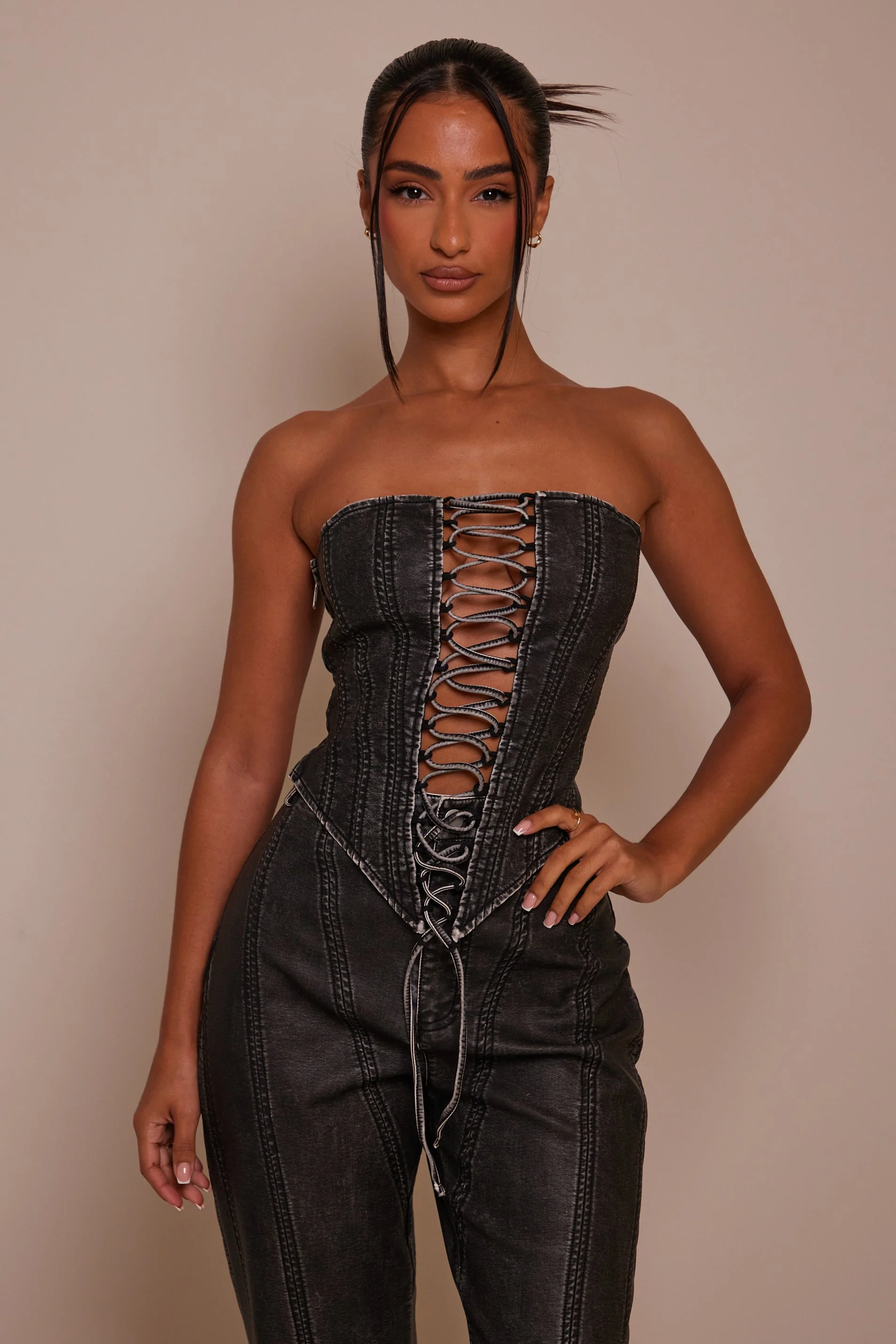 The Lace Up Front Leather Corset in Wash Black - Image 3