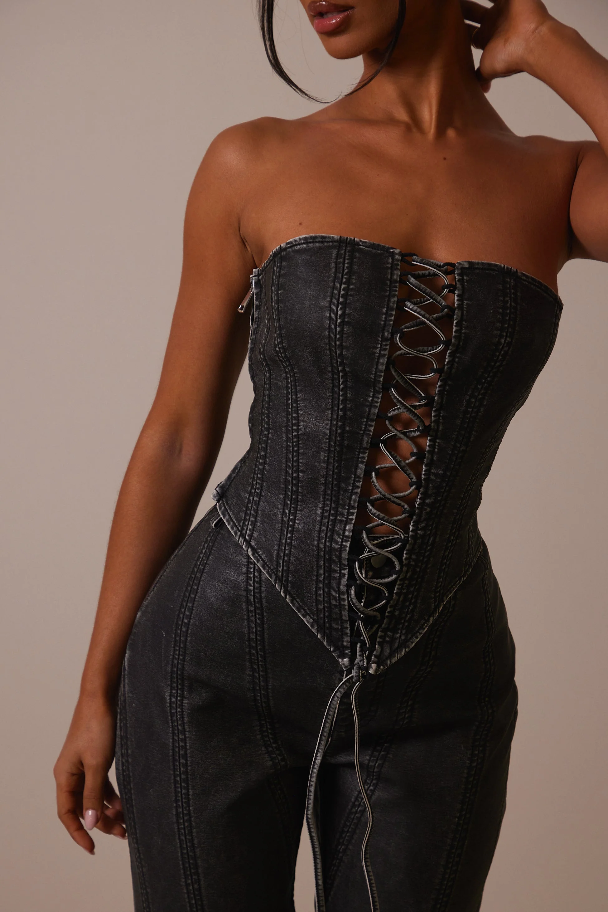 The Lace Up Front Leather Corset in Wash Black - Image 6