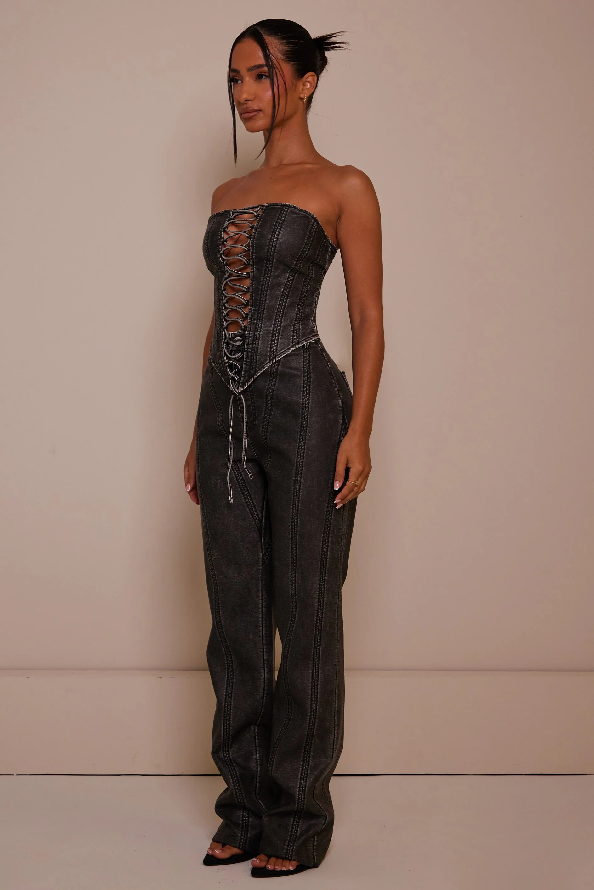 The Lace Up Front Leather Corset in Wash Black - Image 7