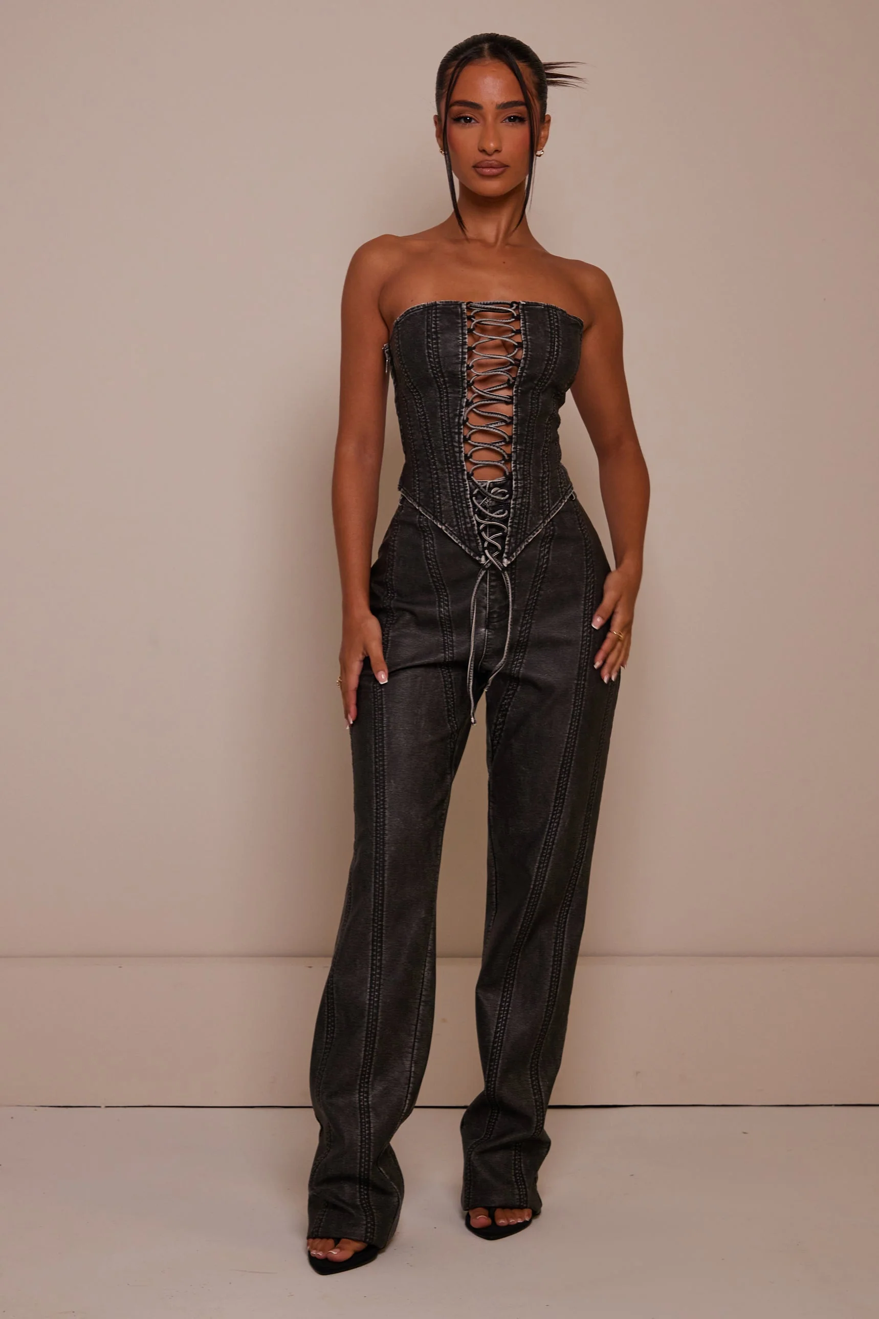 The Lace Up Front Leather Corset in Wash Black - Image 8
