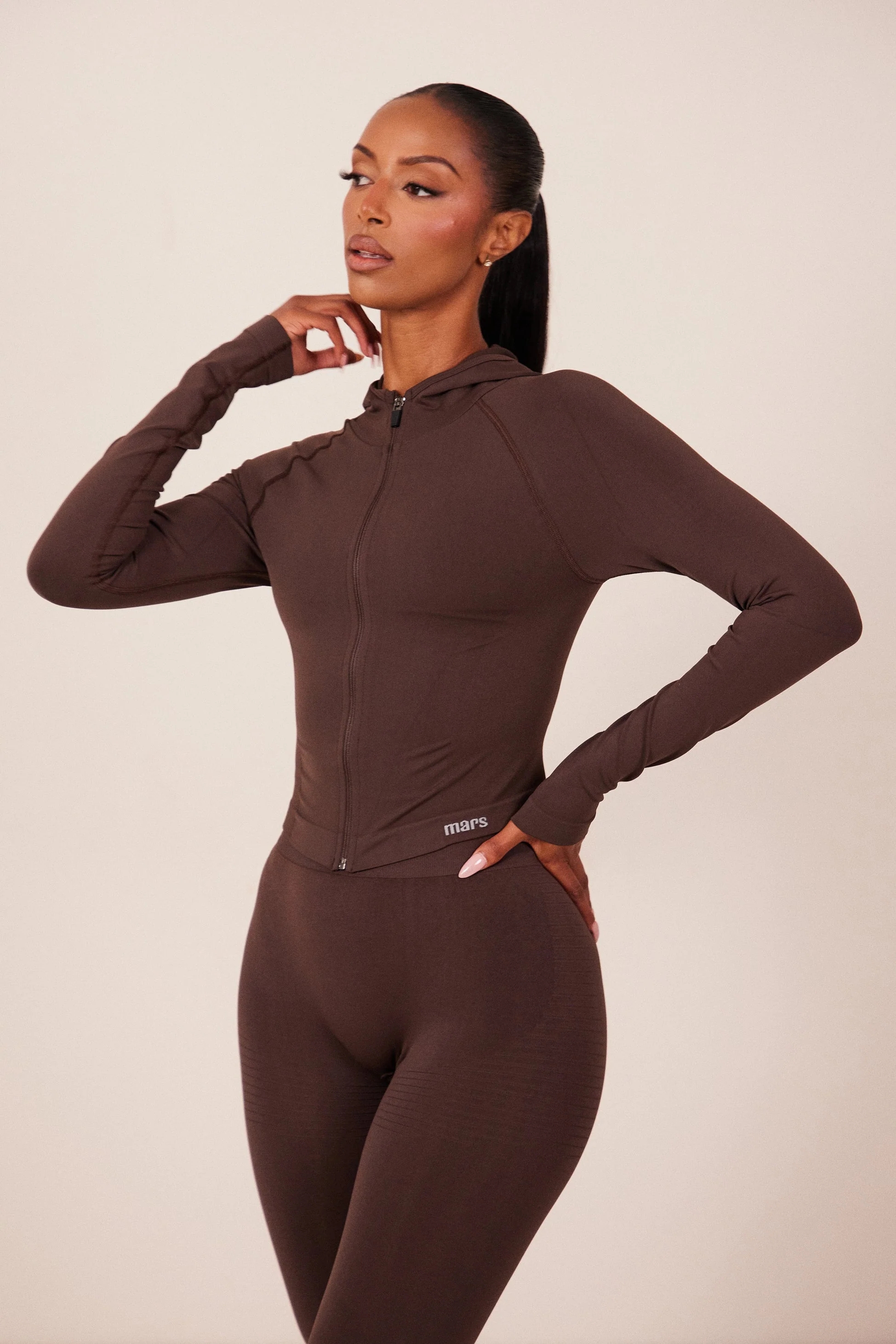 The Mars Seamless Hooded Zip Jacket in Brown - Image 4