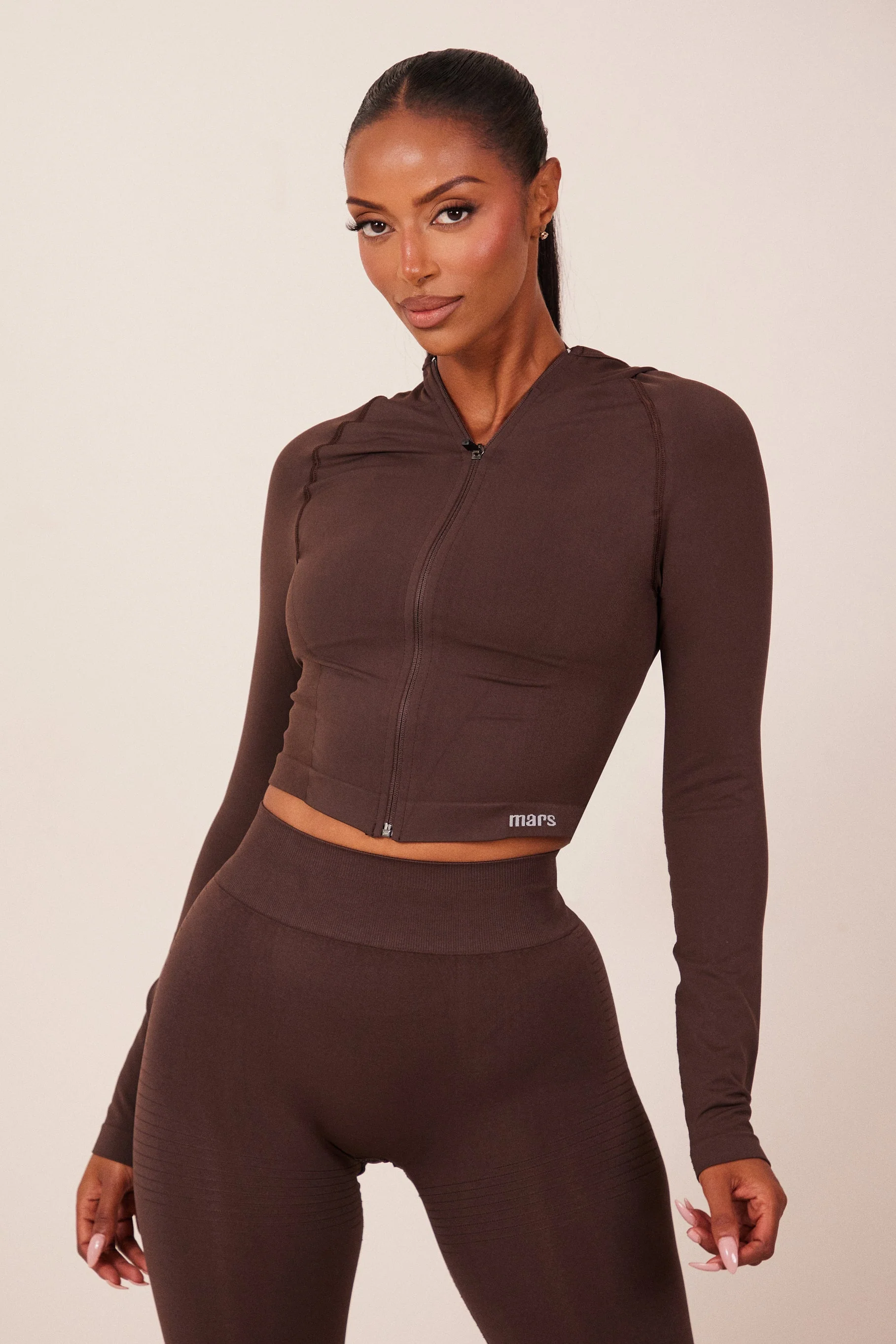 The Mars Seamless Hooded Zip Jacket in Brown - Image 6