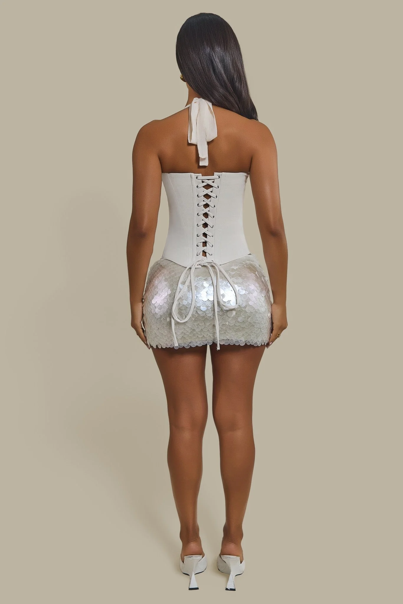 The Shimmi Sequin Micro Mini Skirt in Cream Pearl - Image 5