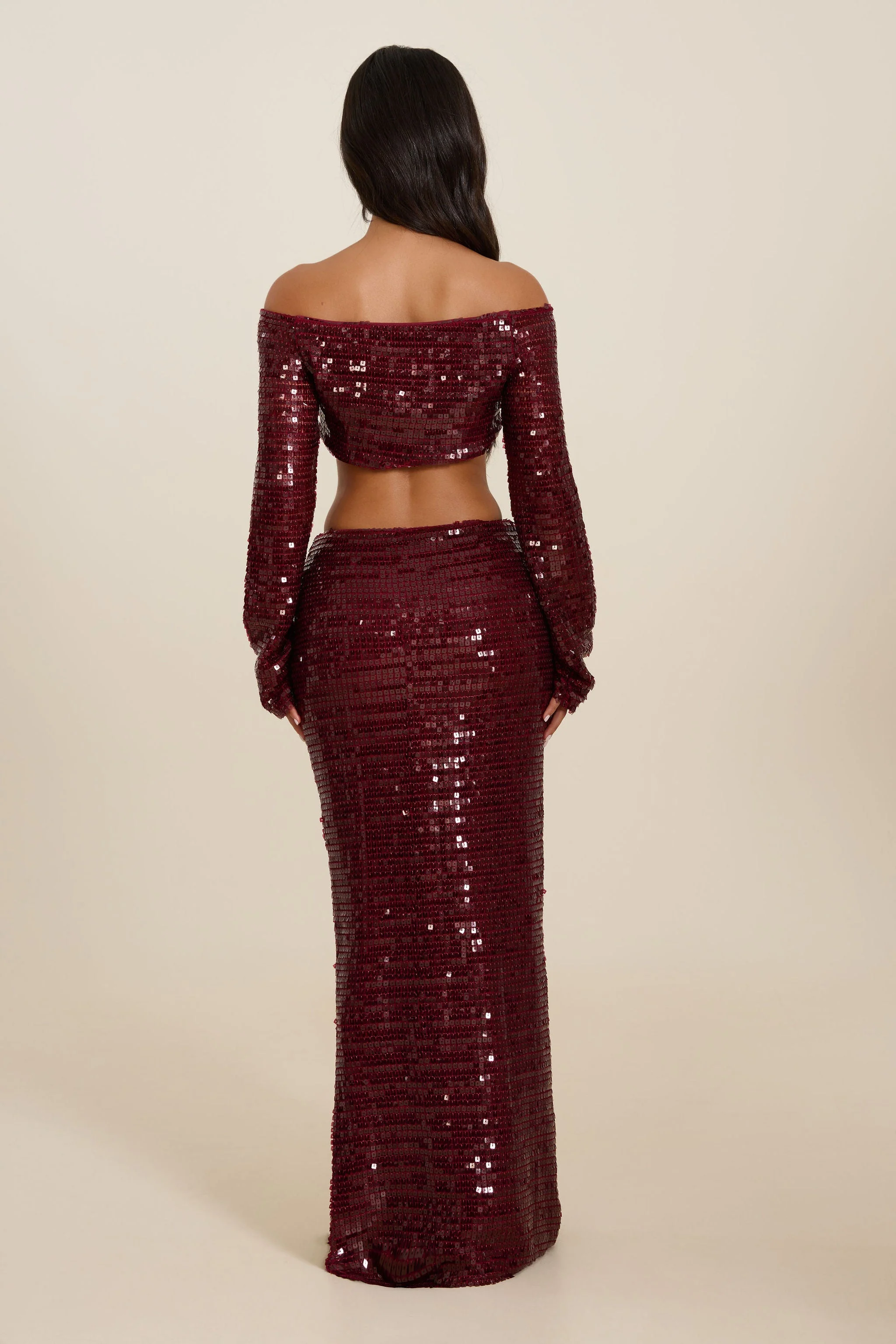 The Nia Sequin Maxi Skirt Set in Wine - Image 6