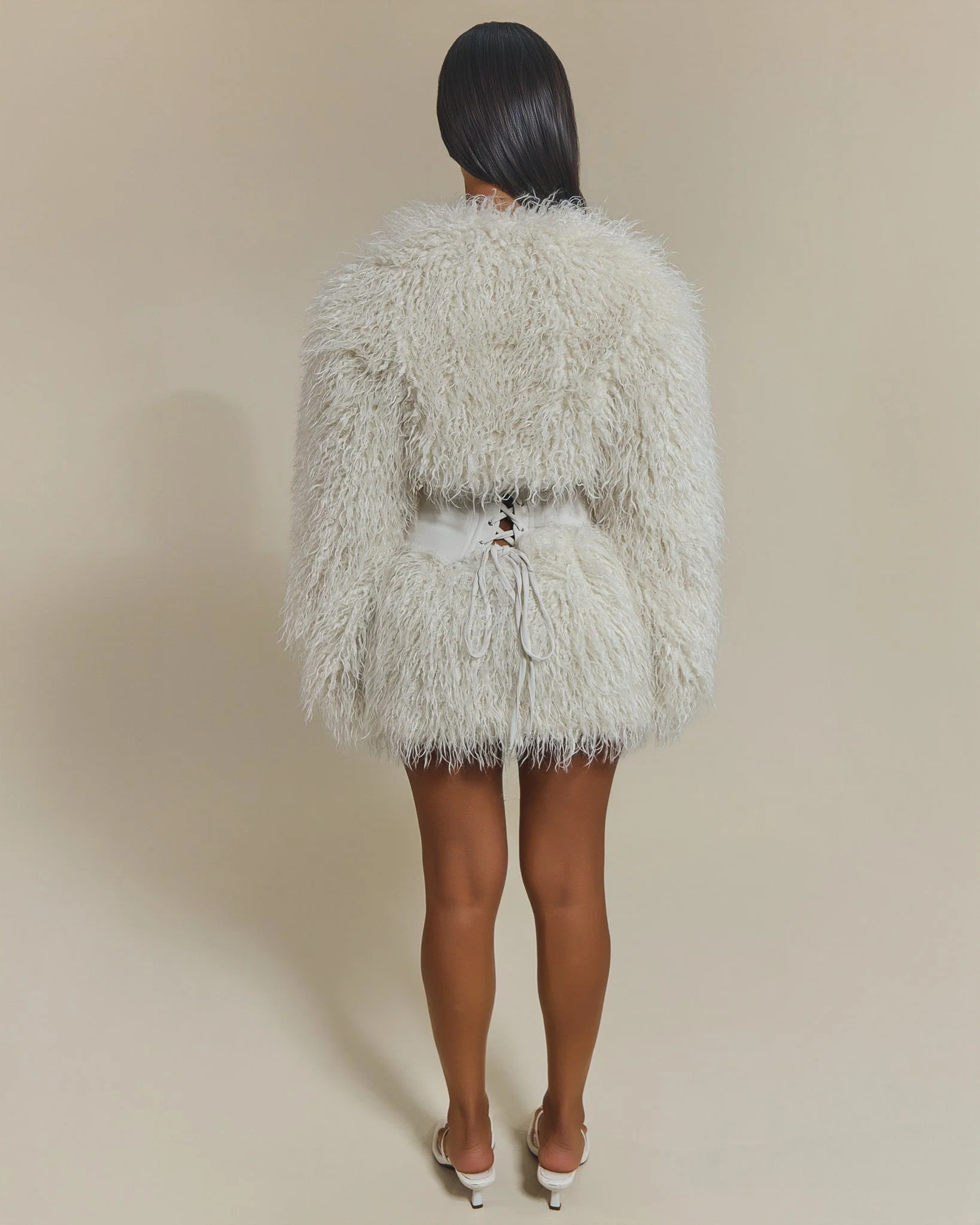 The Sabrine Fur Shrug and Mini Skirt Set in Cream - Image 4