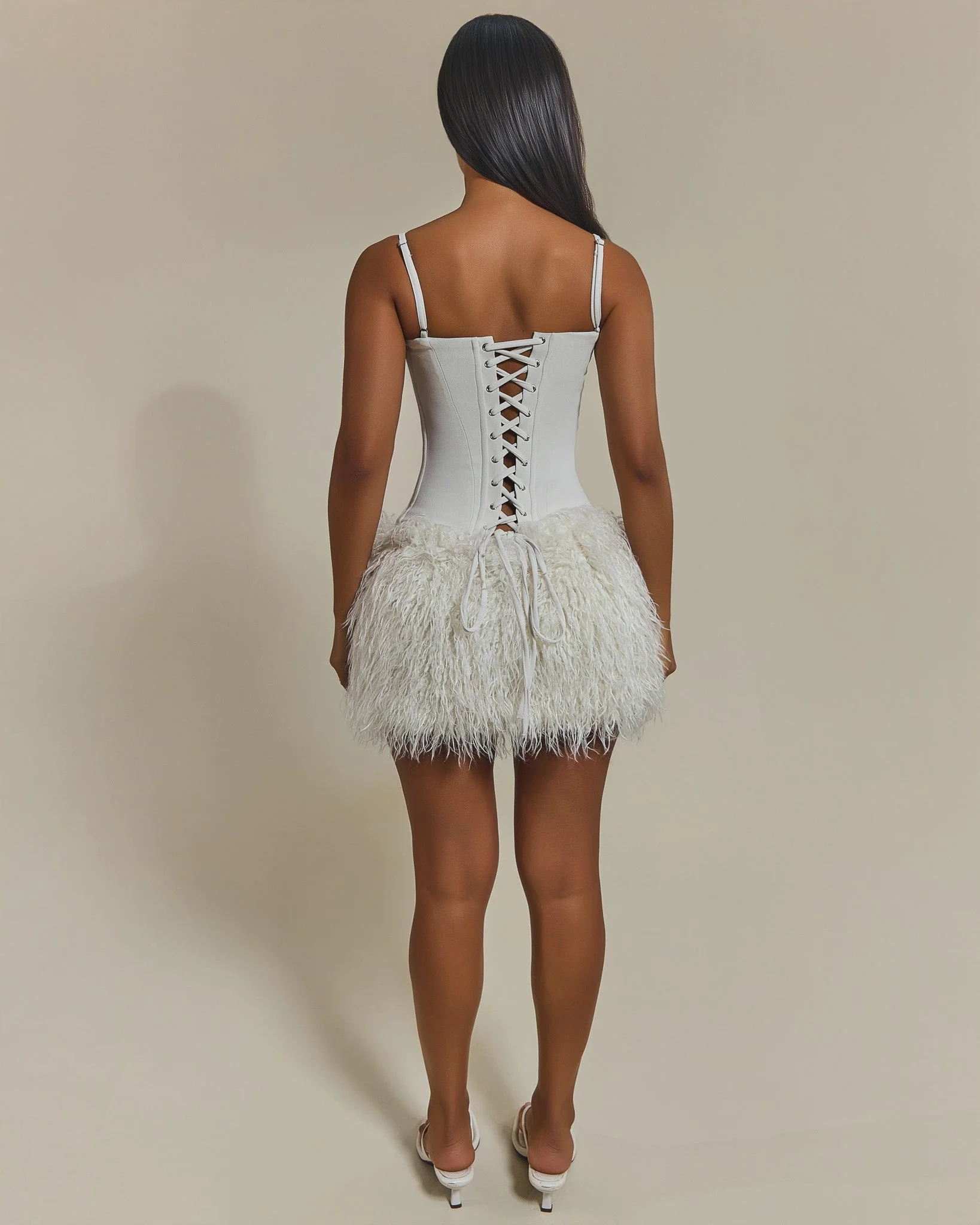 The Sabrine Fur Shrug and Mini Skirt Set in Cream - Image 5