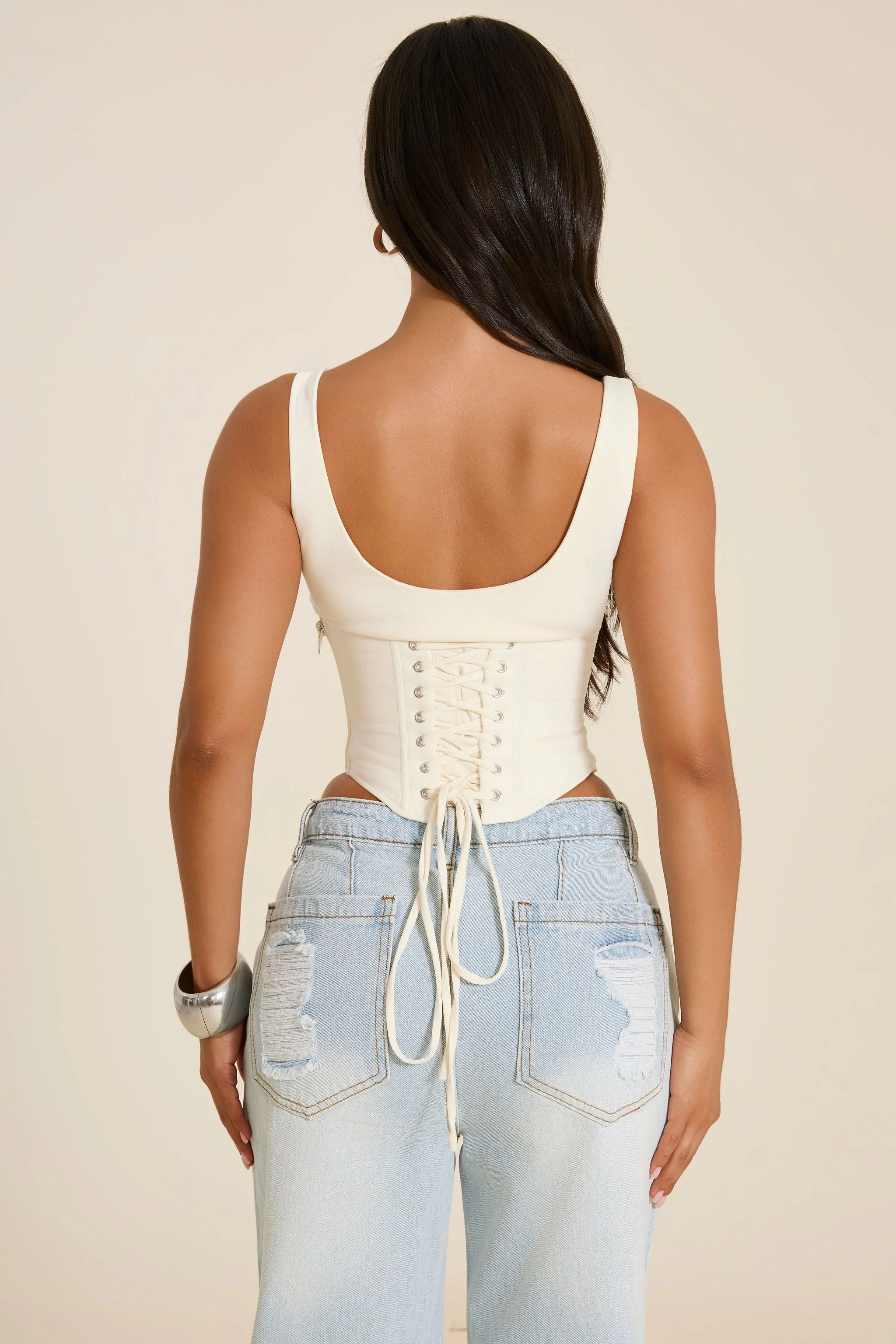 The Sandra Scoop Corset Vest Top in Cream - Image 4