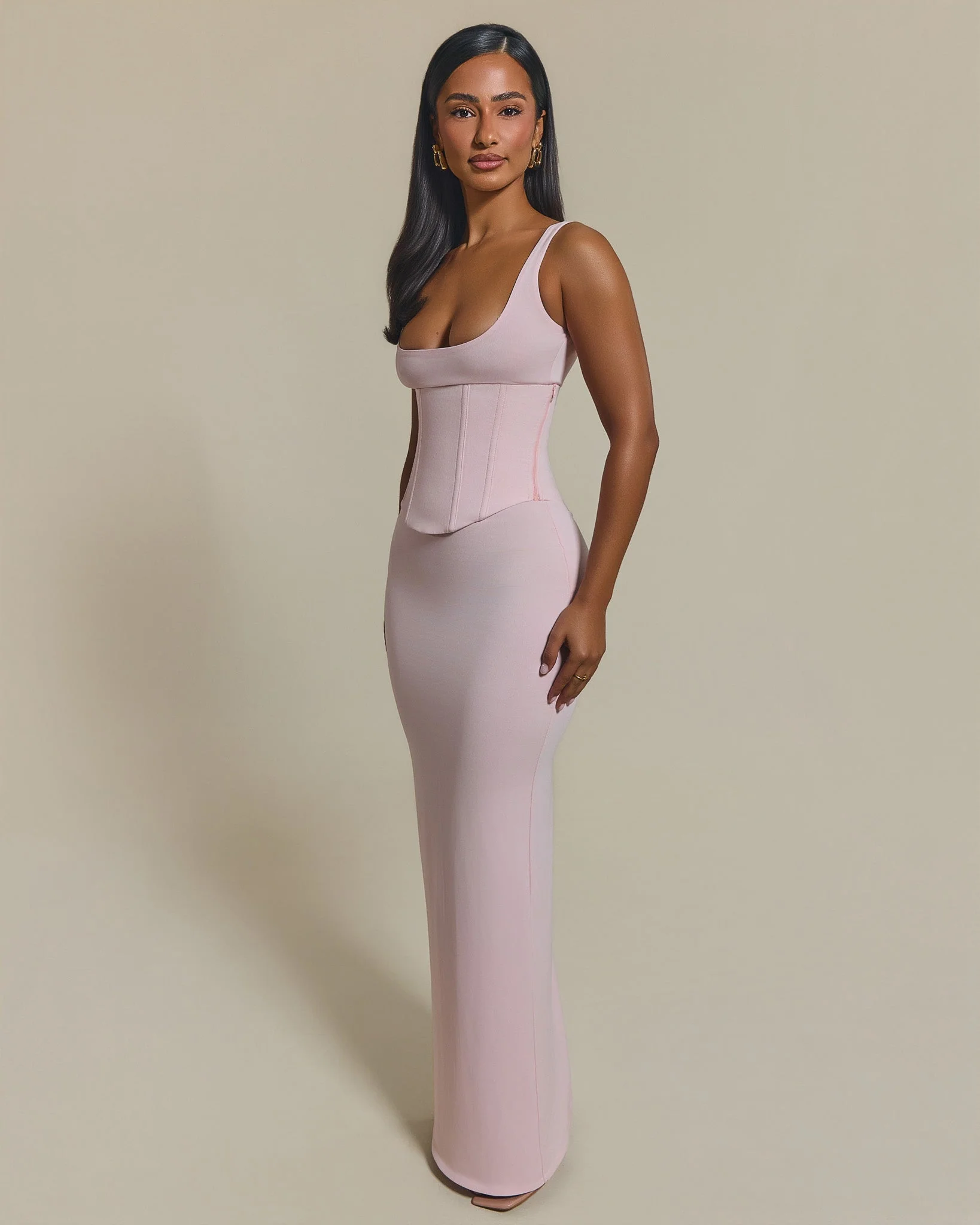 The Sandra Scoop Corset Maxi Dress in Baby Pink - Image 3