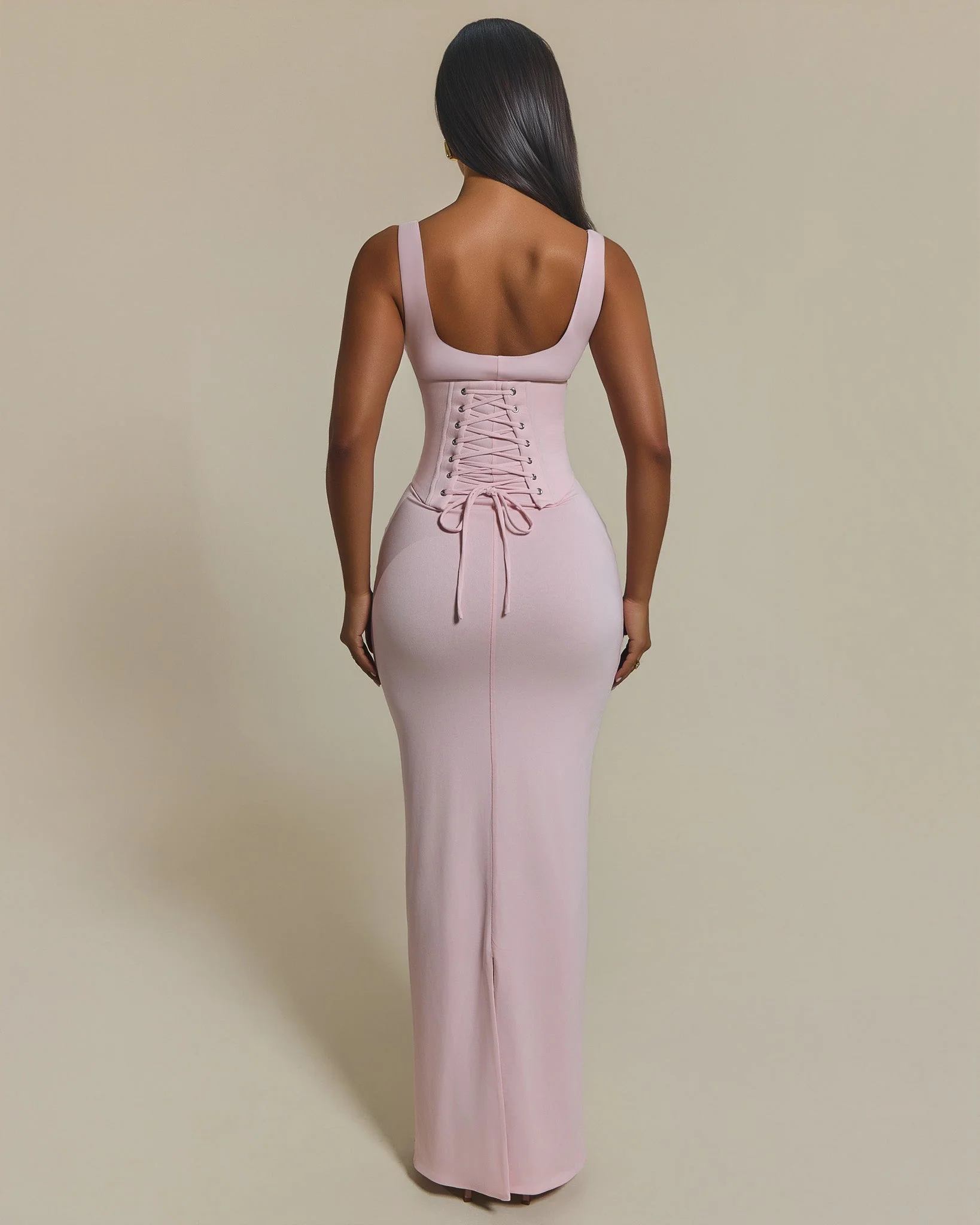 The Sandra Scoop Corset Maxi Dress in Baby Pink - Image 4