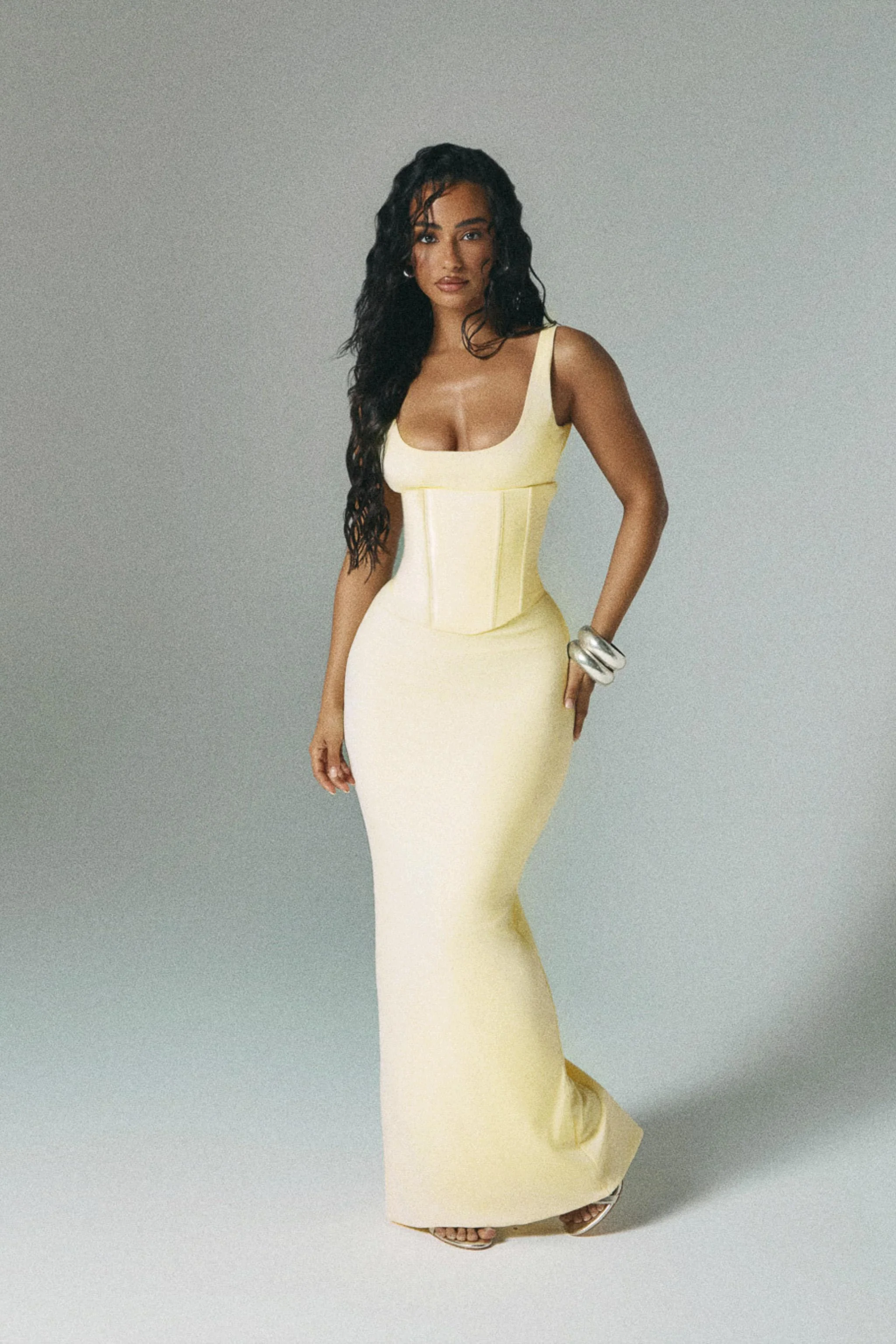 The Sandra Scoop Corset Maxi Dress in Butter Yellow