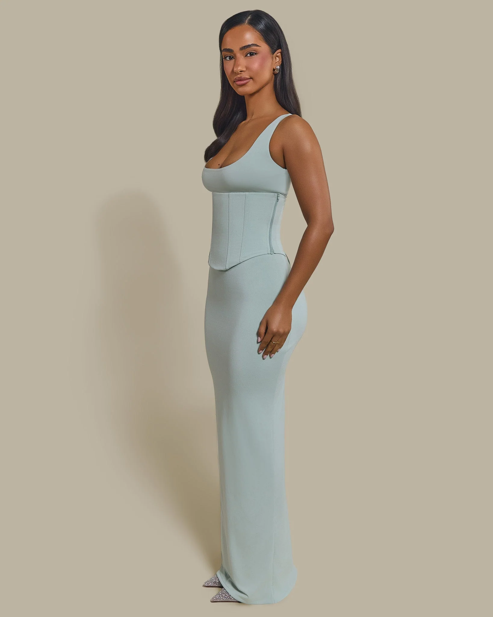 The Sandra Scoop Corset Maxi Dress in Light Blue - Image 3