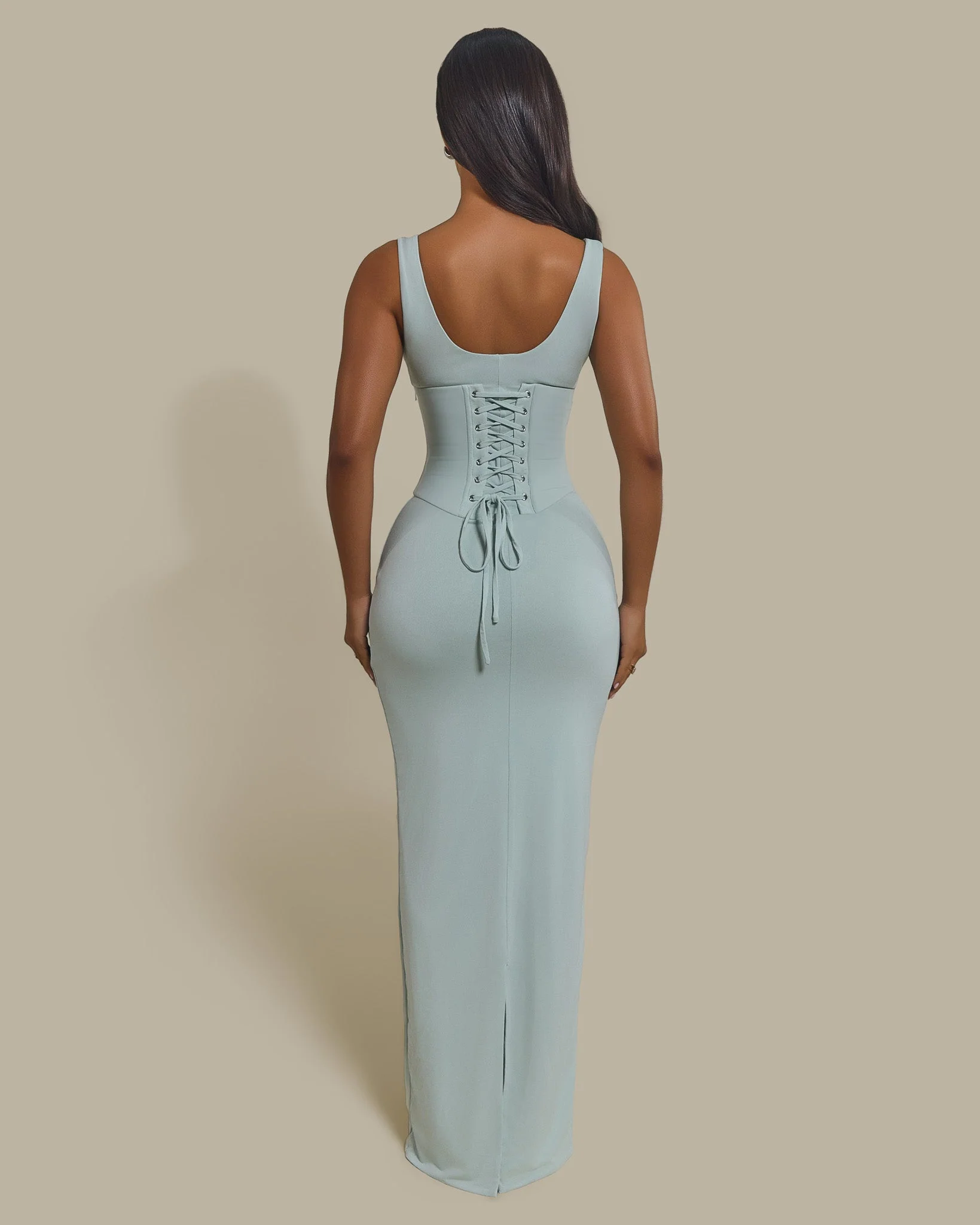 The Sandra Scoop Corset Maxi Dress in Light Blue - Image 4