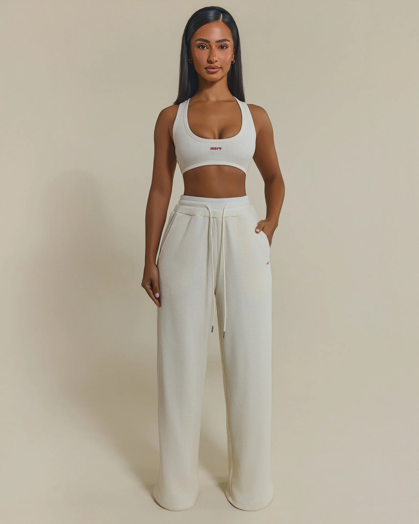 The Waffle Oversized Wide Leg Joggers in Cream - Image 2