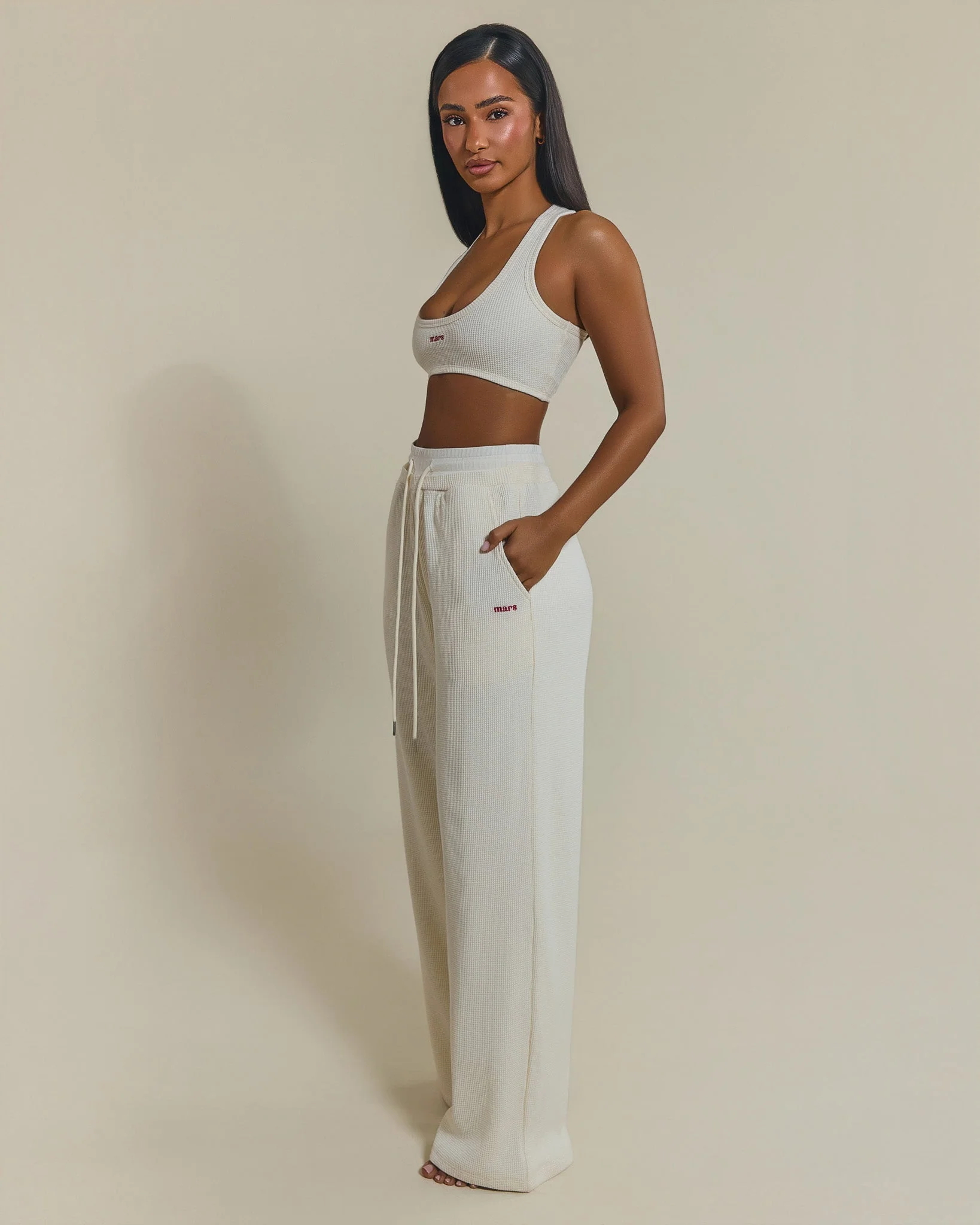 The Waffle Oversized Wide Leg Joggers in Cream - Image 3