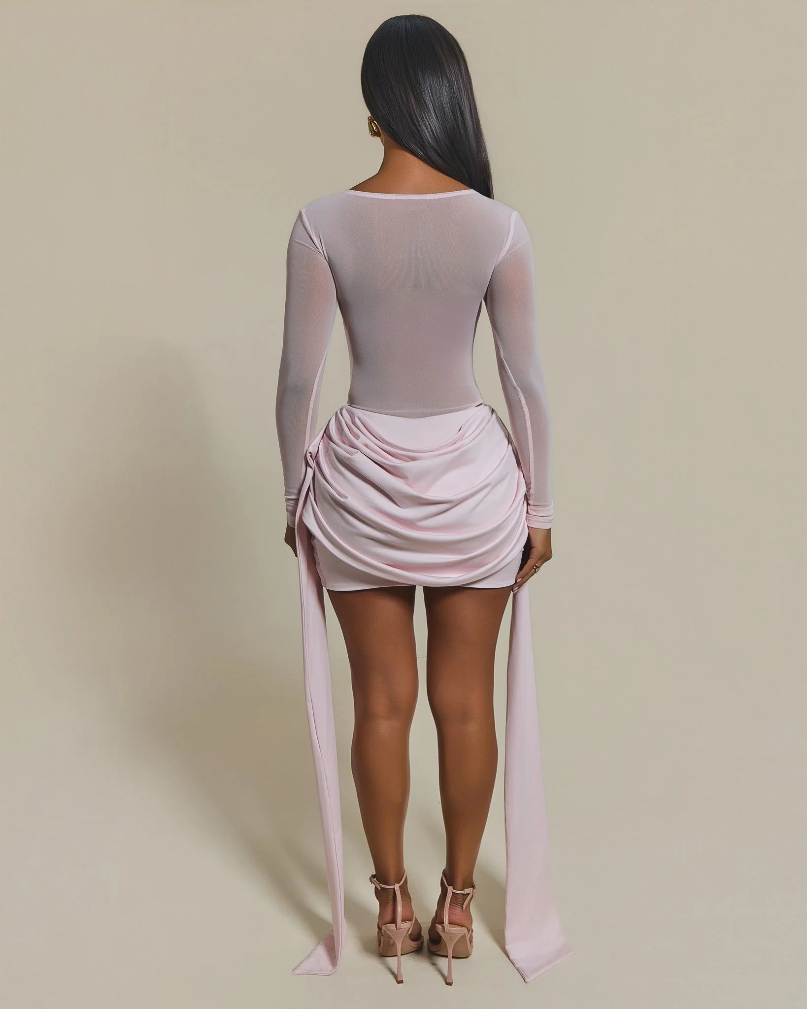 The Yara Long Sleeve Mesh Bodysuit in Baby Pink - Image 5