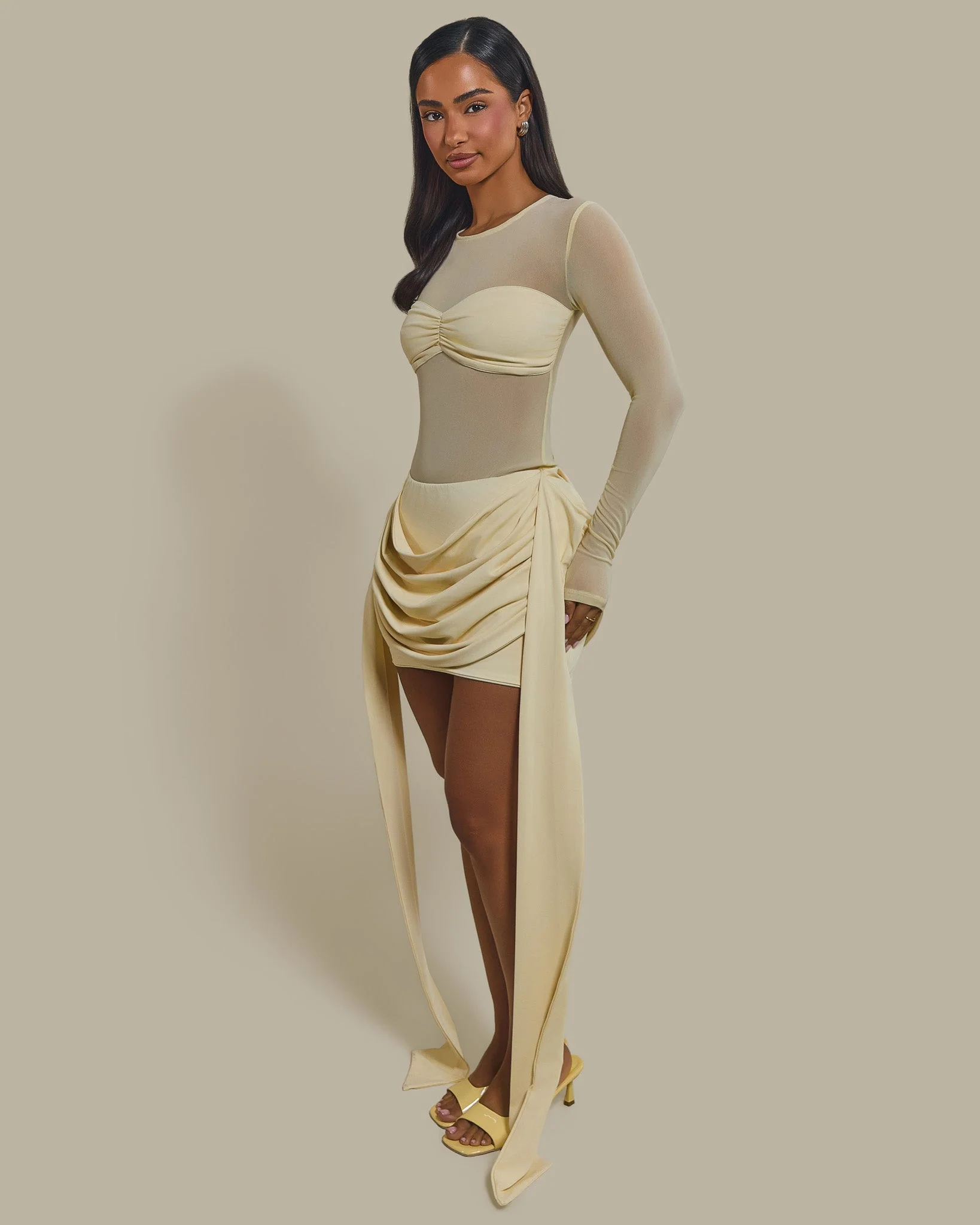 The Yara Long Sleeve Mesh Bodysuit in Butter Yellow - Image 5