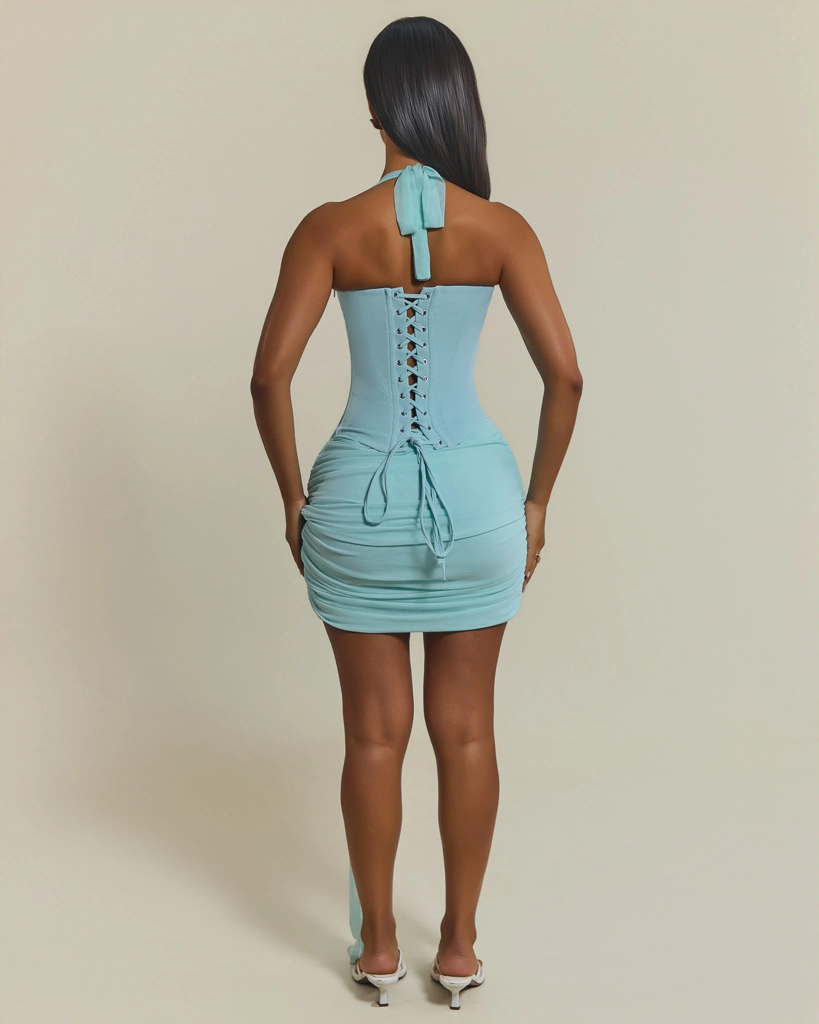 The Zadie Ruched Mini Skirt in Baby Blue - Image 3