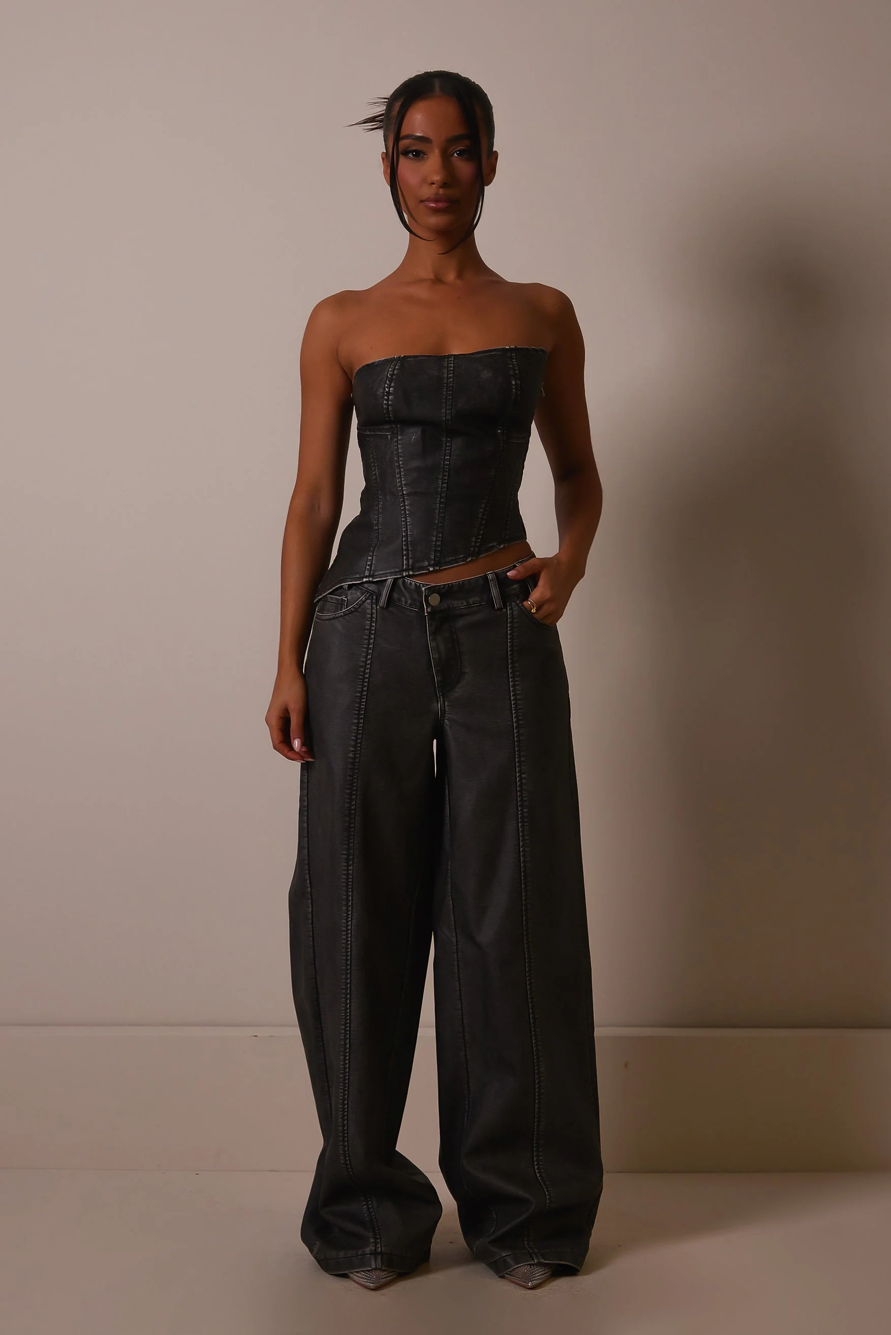 The Distress Wash Asymmetric Leather Corset in Dark Wash - Image 2