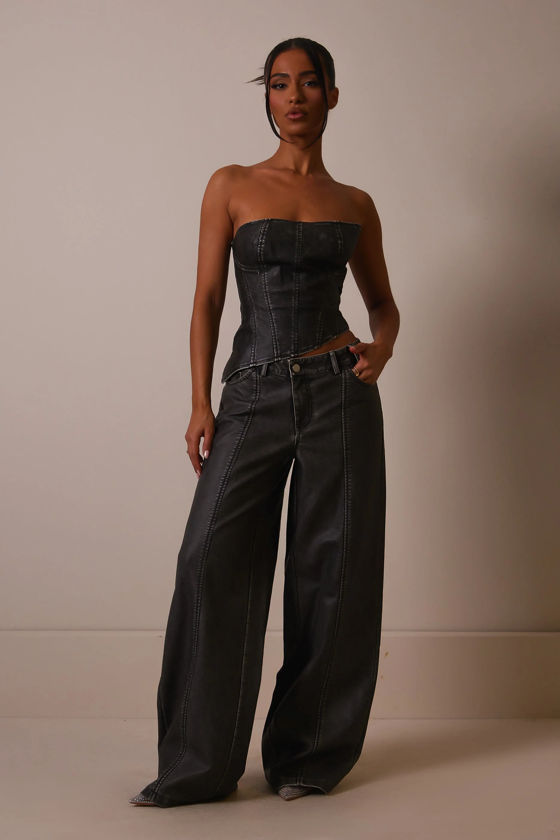 The Distress Wash Asymmetric Leather Corset in Dark Wash - Image 7